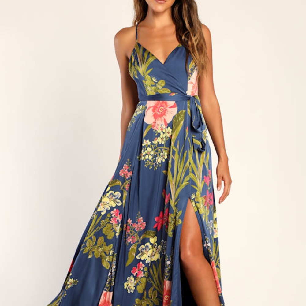Lulus Still The One Blue Floral Print Satin Maxi Dress - Size M